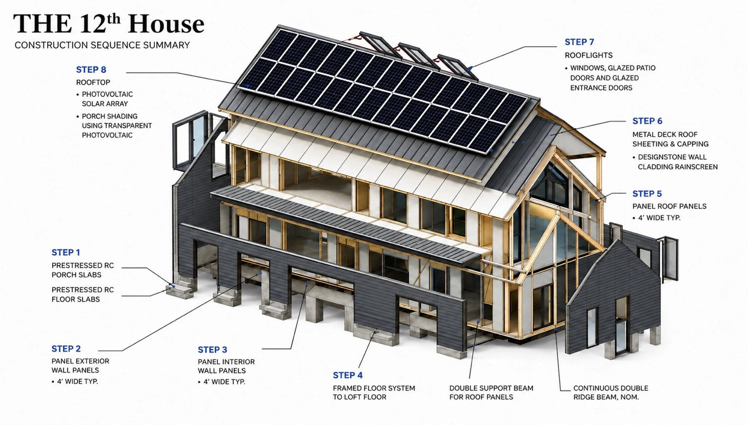 The 12th House construction sequence illustration showing floor slabs, exterior and interior wall panels, a loft floor system, roof panels, rooflights, and rooftop solar.