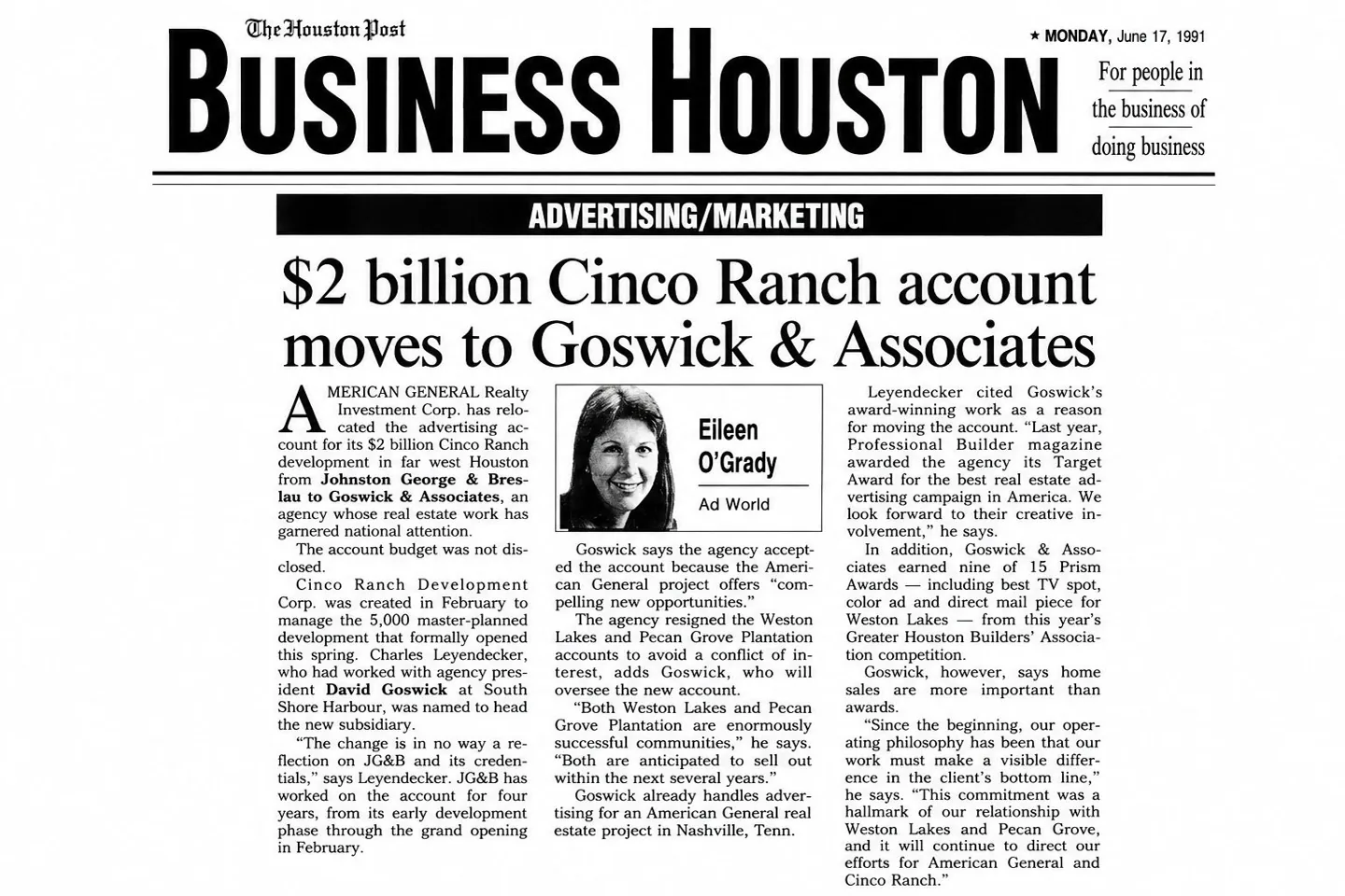 1991 Houston Post report: $2 billion Cinco Ranch account moves to Goswick & Associates.