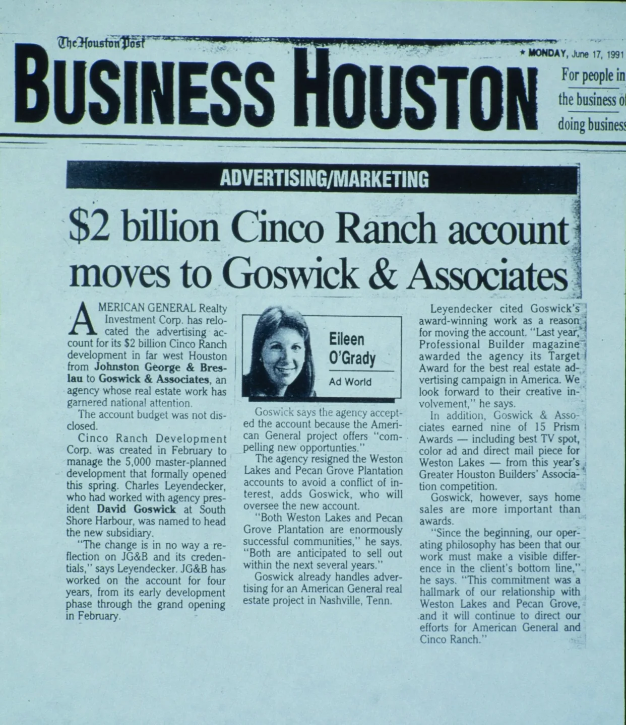 Business Houston article on $2 billion Cinco Ranch account moving to Goswick & Associates.