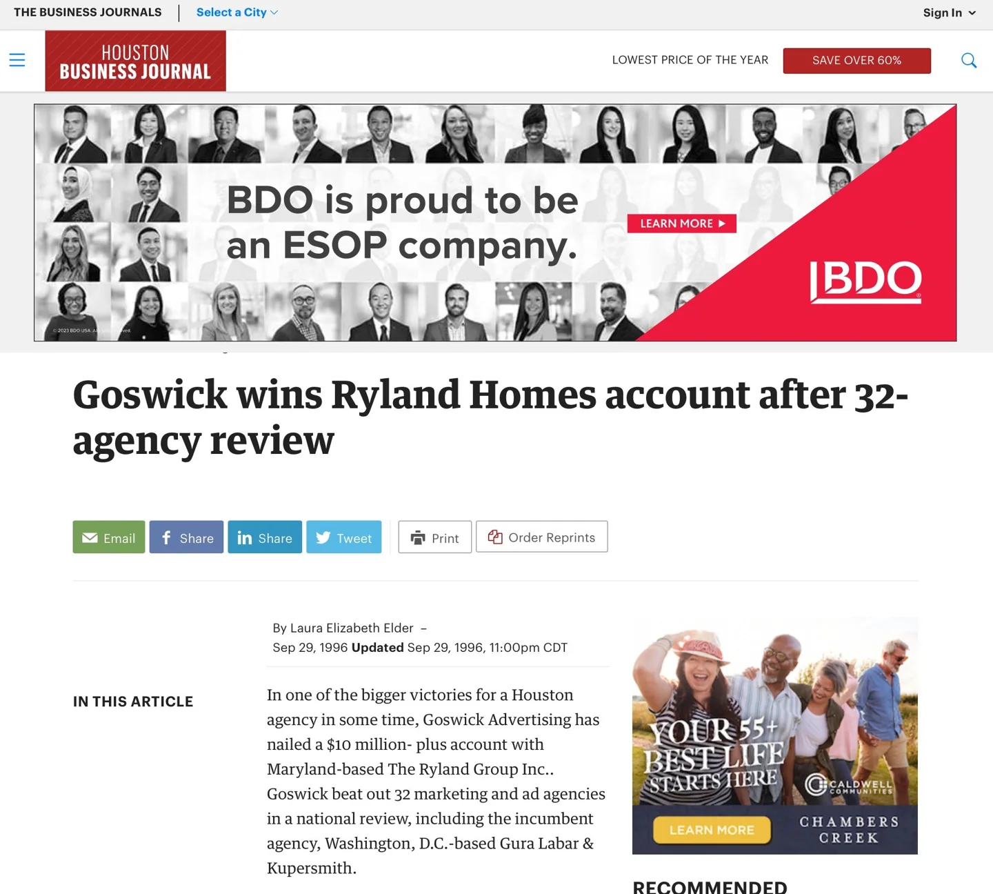 News article announcing Goswick's win of the Ryland Homes account.