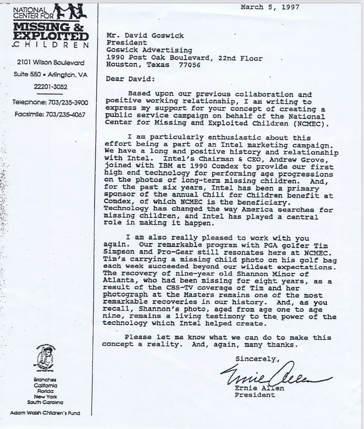 Typed letter from Ernie Allen, President of NCMEC, dated 1997.