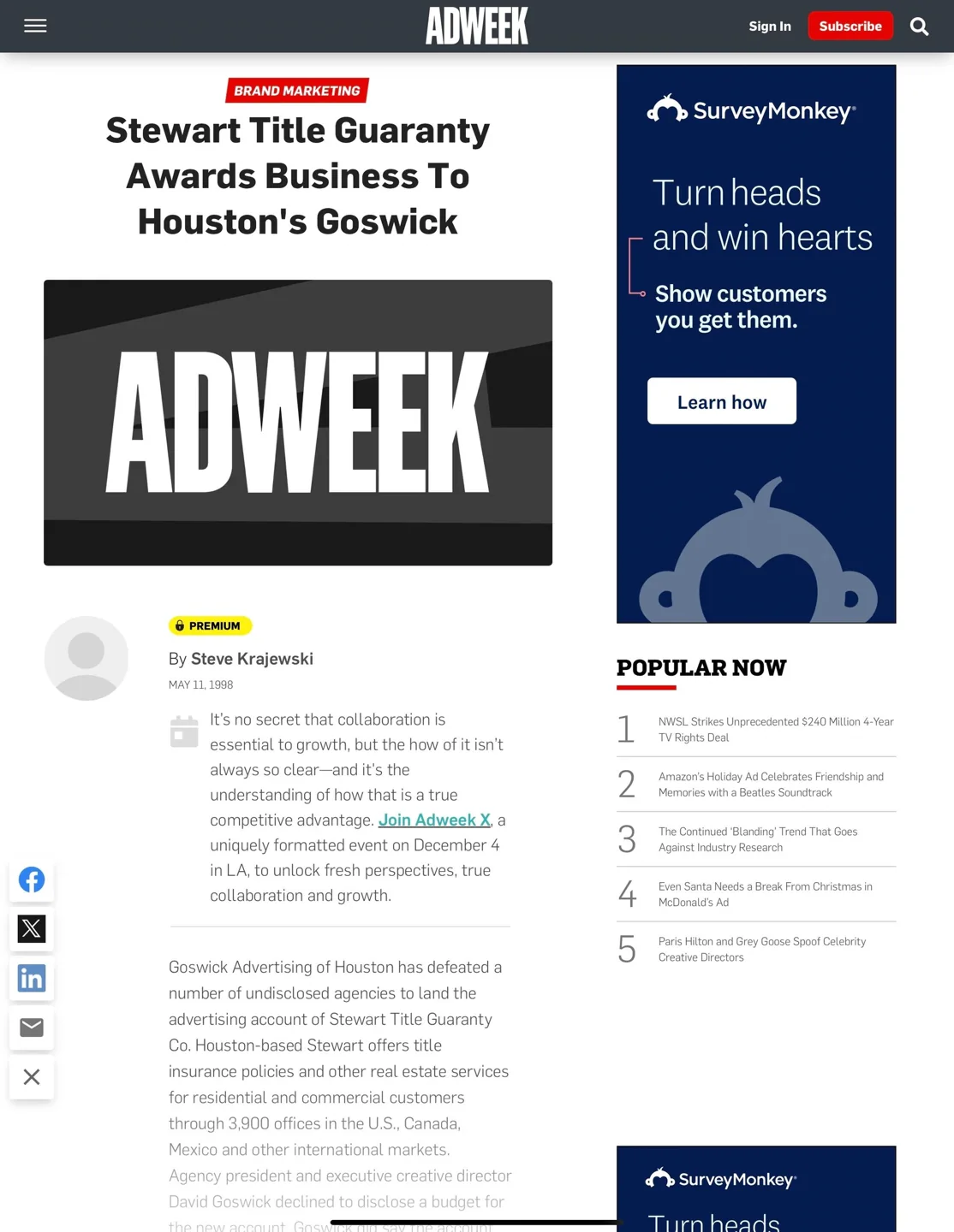 Adweek article announcing Stewart Title Guaranty awarded business to Houston's Goswick.