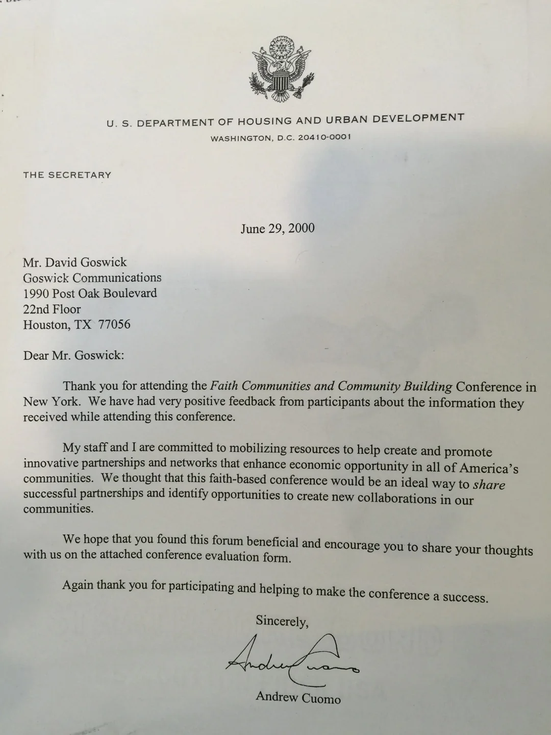 U.S. Department of Housing and Urban Development / Letter