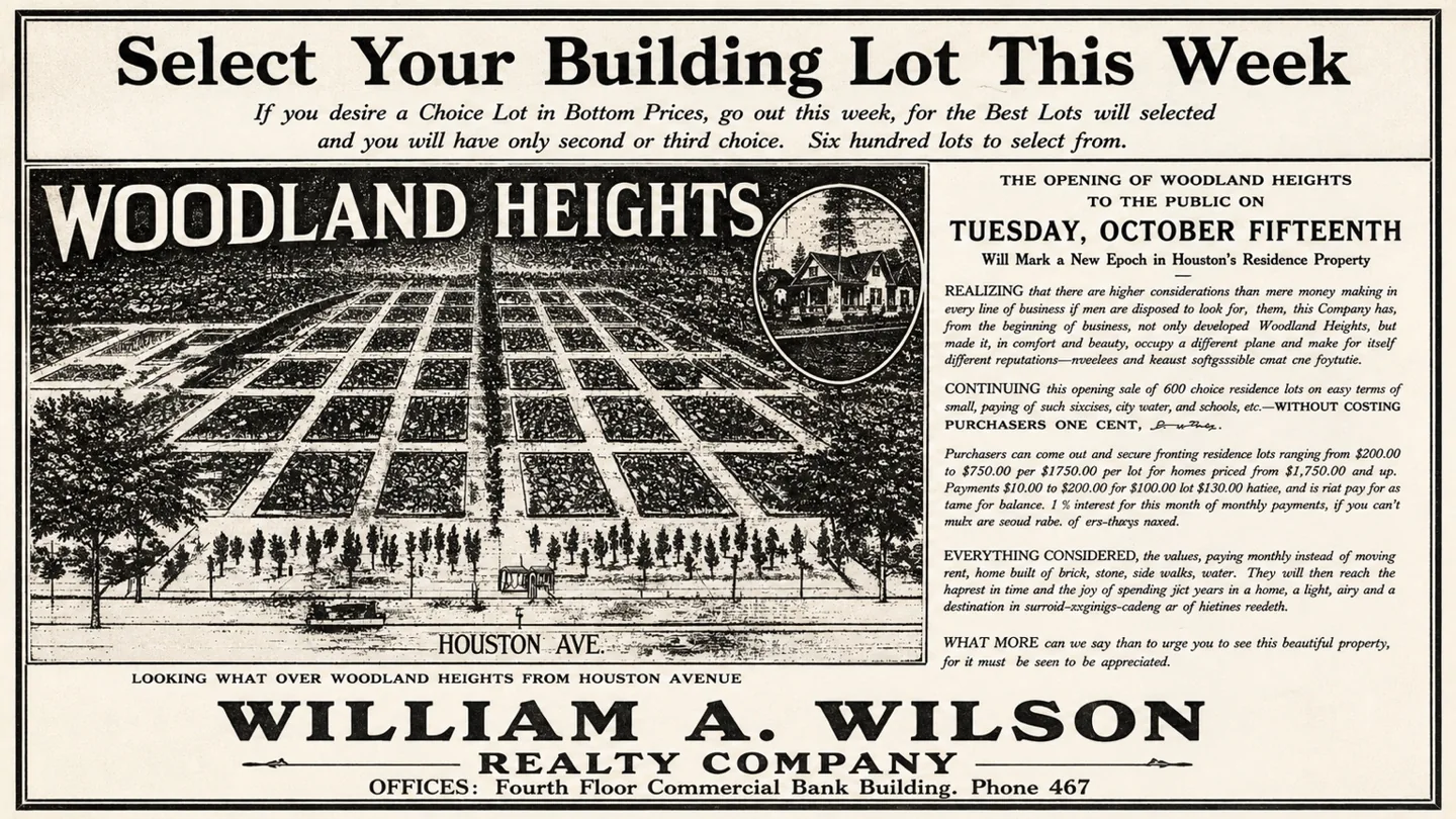 Woodland Heights lot advertisement, William A. Wilson Realty Company.