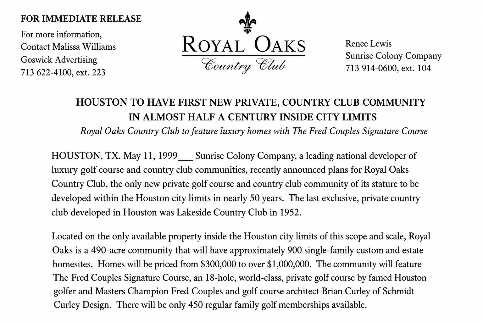 May 11, 1999 Royal Oaks announcement describing the community and Fred Couples signature course.