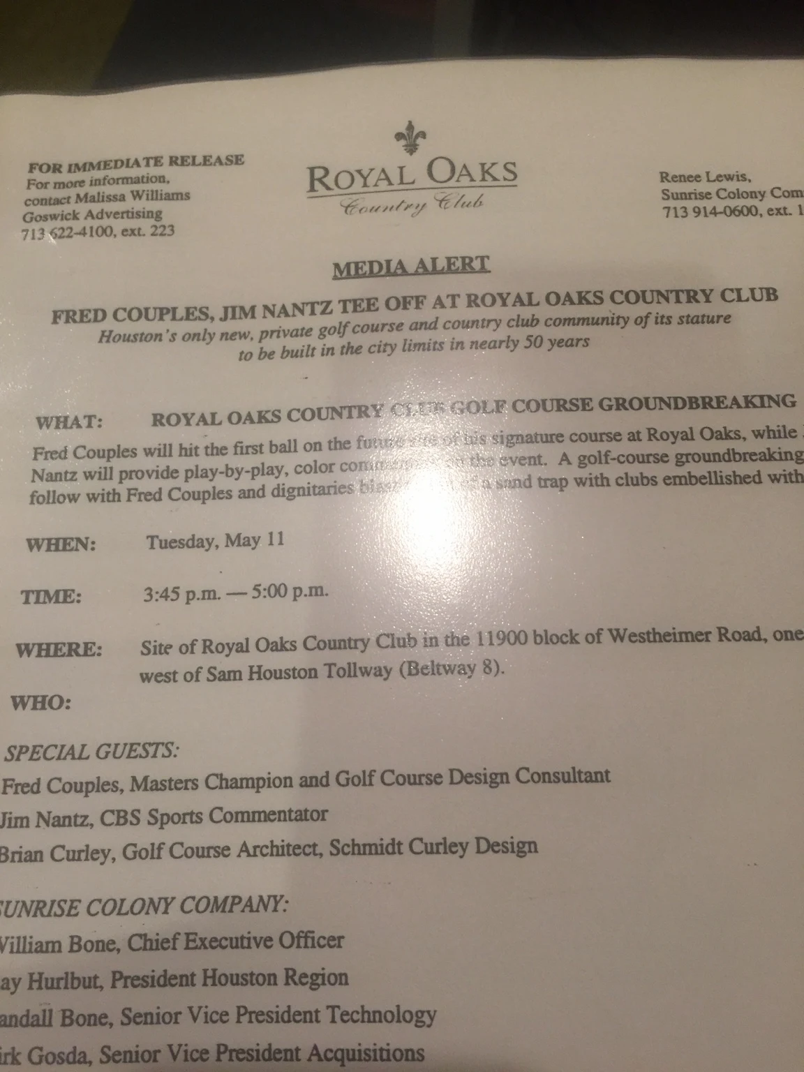Royal Oaks golf course groundbreaking media alert listing Fred Couples, Jim Nantz, and Brian Curley.