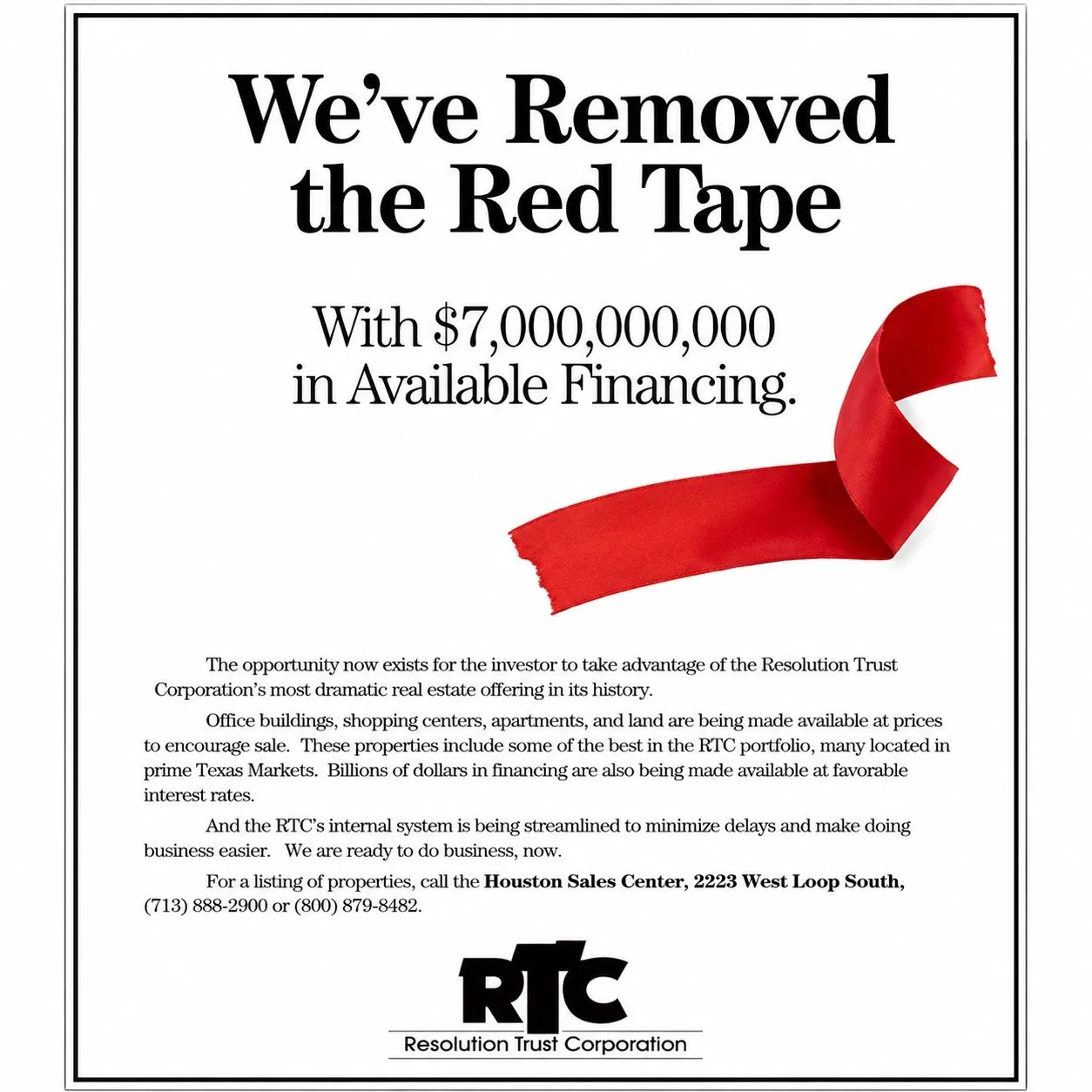 Original RTC advertisement: We’ve Removed the Red Tape, with seven billion dollars in available financing, featuring a red ribbon and RTC logo