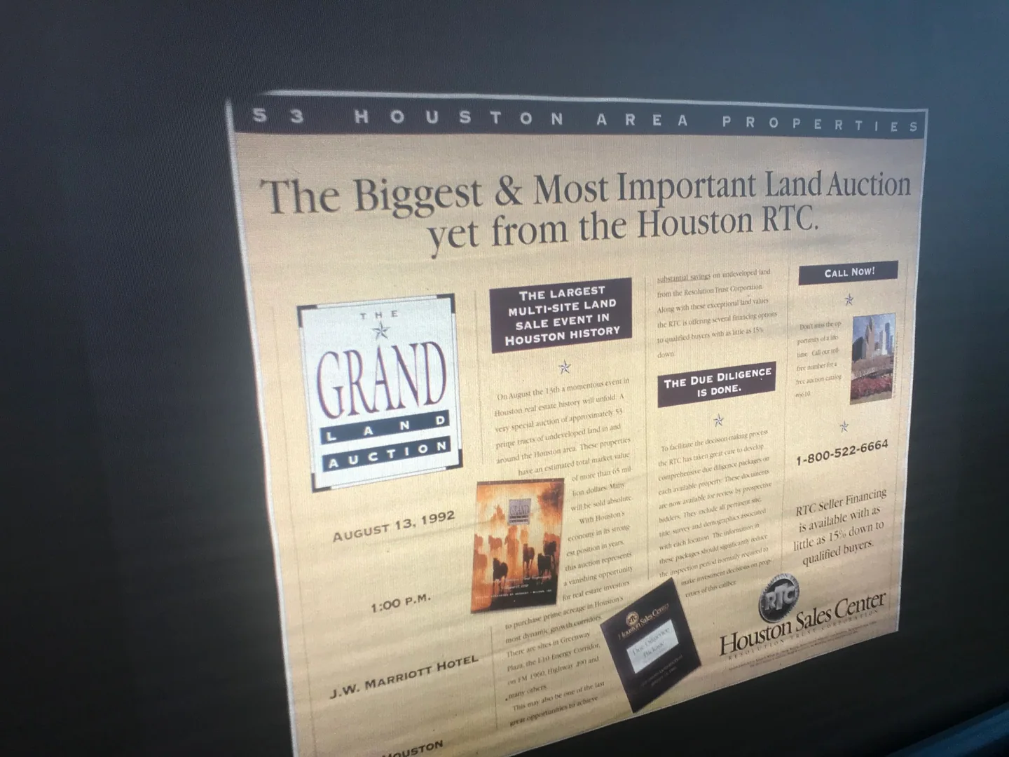 Archival photograph of the RTC Grand Land Auction advertisement for 53 Houston-area properties, dated August 13, 1992