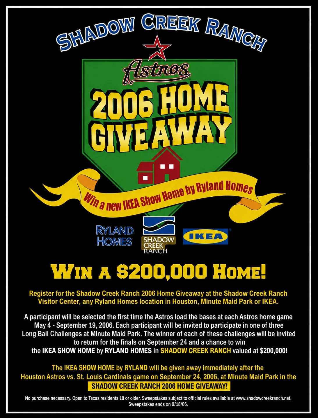 Shadow Creek Ranch Houston Astros 2006 Home Giveaway advertisement with Ryland Homes and IKEA