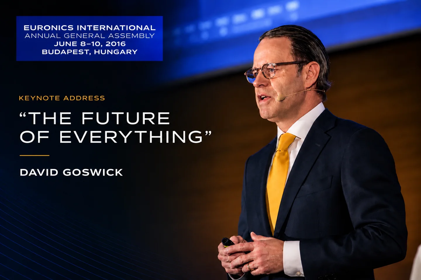 David Goswick delivering The Future of Everything keynote in Budapest.