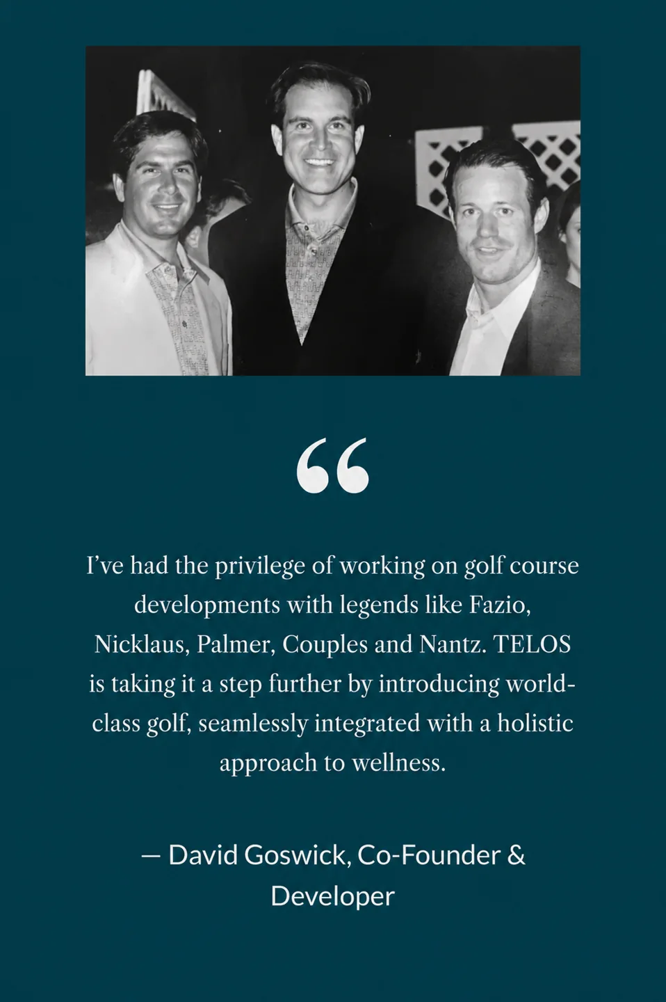 A later TELOS presentation with an archival golf photograph and a reflection attributed to David Goswick.