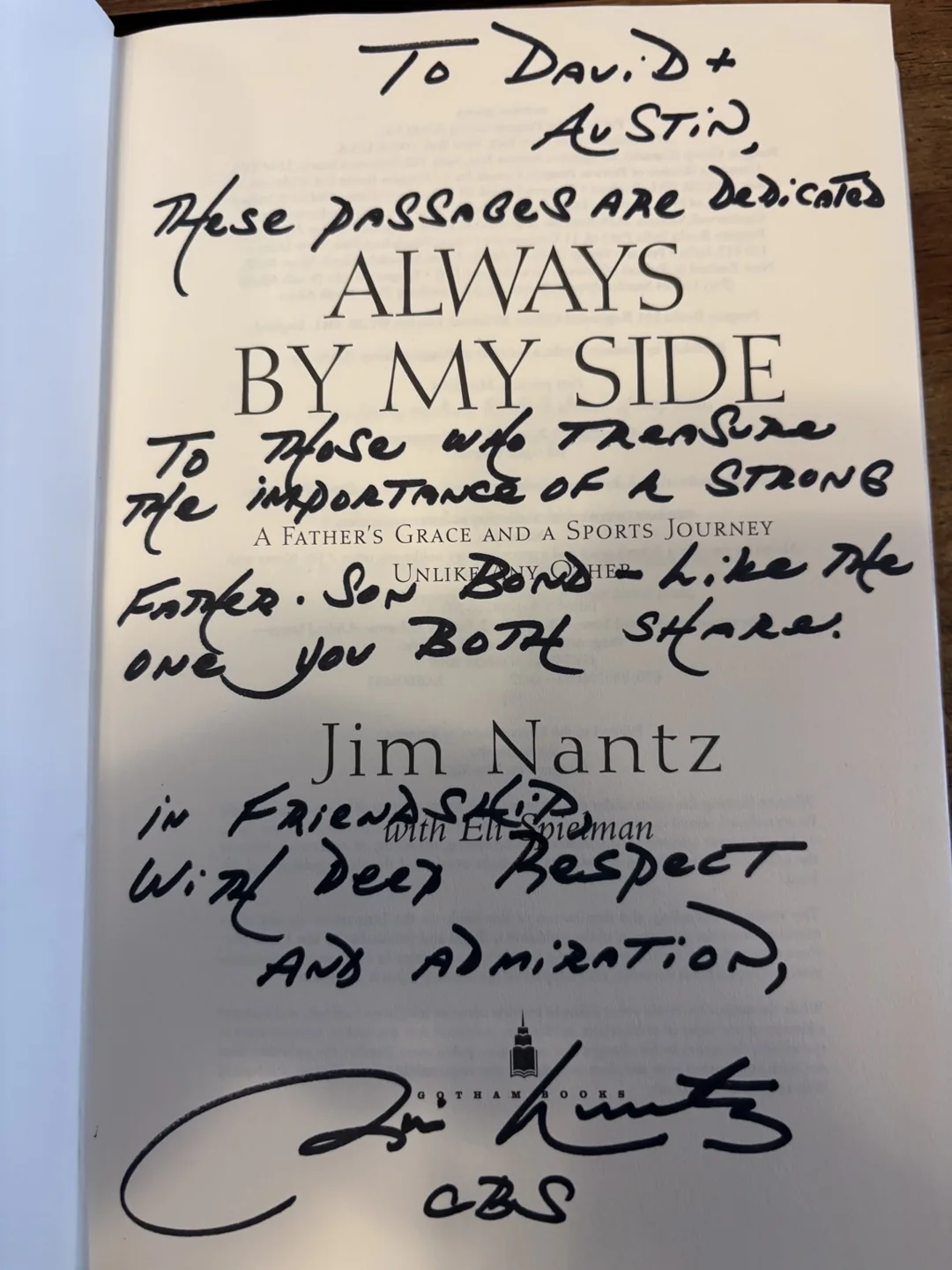 Jim Nantz’s personal inscription to David and Austin in Always by My Side.