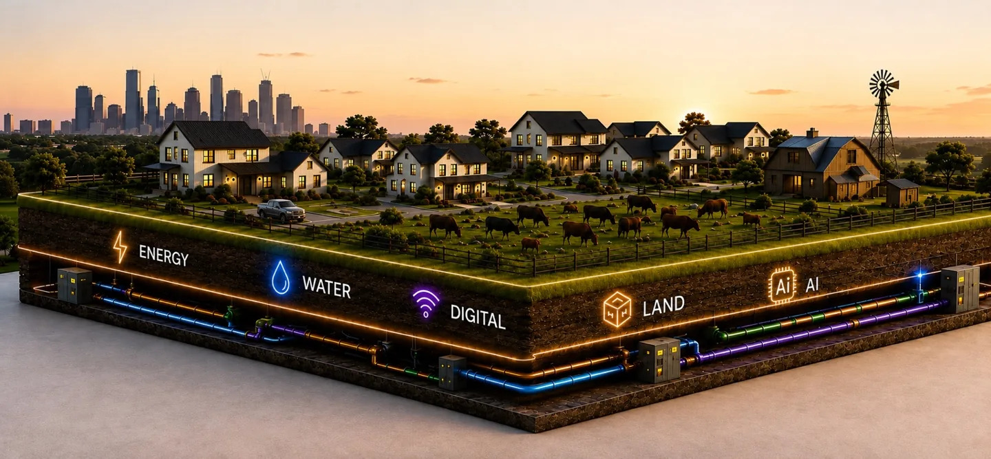 Concept illustration connecting energy, water, digital networks, land, and AI with Texas communities.